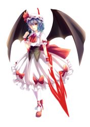 Rule 34 | 1girl, ascot, bad id, bad pixiv id, bat wings, blue hair, bow, brooch, dress, embellished costume, full body, hat, hat ribbon, highres, jewelry, looking at viewer, mob cap, parted lips, pointy ears, puffy short sleeves, puffy sleeves, red bow, red eyes, red footwear, red ribbon, remilia scarlet, ribbon, sheeg, shoes, short hair, short sleeves, solo, spear the gungnir, touhou, transparent background, white dress, white legwear, wings, wrist cuffs