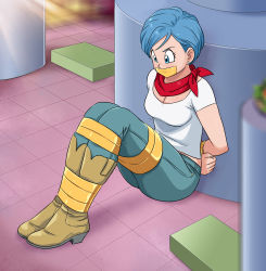 Rule 34 | 1girl, absurdres, angry, arms behind back, bandana, bandana over mouth, bdsm, blue eyes, blue hair, bondage, boots, bound, bound ankles, bound legs, bound wrists, breasts, bulma, cleavage, denim, dragon ball, dragon ball super, earrings, female focus, gag, gagged, high heel boots, high heels, highres, improvised gag, jeans, jewelry, lost one zero, matching hair/eyes, mature female, medium breasts, pants, shirt, shoes, short hair, socks, tape, tape bondage, tape gag, white shirt