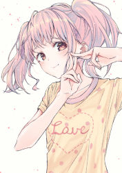 Rule 34 | 1girl, bang dream!, blush, clothes writing, commentary request, fingers together, heart, looking at viewer, maruyama aya, pink eyes, pink hair, polka dot, polka dot shirt, remil, shirt, short sleeves, sidelocks, smile, solo, twintails, upper body, white background, yellow shirt