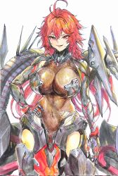 Rule 34 | 1girl, ahoge, antenna hair, arm armor, armor, armored leotard, bodystocking, boobplate, breastplate, breasts, cleavage, colored pencil (medium), covered navel, goddess of victory: nikke, grin, hair between eyes, hand on own hip, highres, huge breasts, long hair, looking at viewer, michikusa choco, nihilister (nikke), red eyes, red hair, see-through, see-through cleavage, sidelocks, simple background, smile, solo, torn bodystocking, torn clothes, traditional media, twitter username, upper body, white background