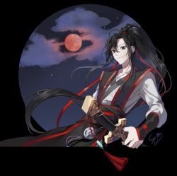 Rule 34 | 1boy, 600so, artist name, bell, black hair, cloud, hair between eyes, highres, long hair, long sleeves, male focus, modao zushi, moon, night, night sky, ponytail, red moon, red ribbon, ribbon, sheath, sheathed, sky, smile, solo, standing, sword, very long hair, weapon, wei wuxian