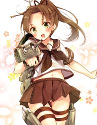 Rule 34 | 1girl, aiming, aiming at viewer, ayanami (kancolle), brown hair, green eyes, hair ornament, hair ribbon, highres, kantai collection, long hair, looking at viewer, midriff, navel, one-hour drawing challenge, open mouth, outstretched arm, ribbon, school uniform, serafuku, side ponytail, skirt, smile, solo, toosaka asagi, turret
