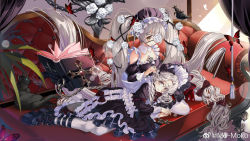 Rule 34 | 2girls, book, burst witch, eyebrows hidden by hair, eyepatch, flower, hair flower, hair ornament, hat, highres, kikimi, lap pillow, long hair, looking at another, looking at viewer, lying, mimikaki, multiple girls, purple eyes, sitting, skirt, twintails, white hair, white legwear, yellow eyes