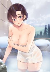 Rule 34 | 1girl, :d, bare shoulders, black hair, blue eyes, blush, breasts, cleavage, collarbone, commentary, covering privates, covering breasts, hair bun, ichinomiya (blantte), large breasts, looking at viewer, naked towel, onsen, open mouth, original, partially submerged, single hair bun, smile, snow, solo, towel, white towel, winter