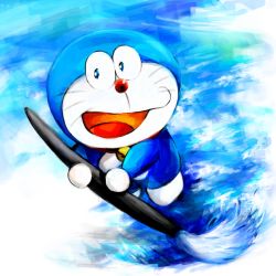 Rule 34 | 1boy, :d, bell, blue eyes, cat, collar, commentary request, doraemon, doraemon (character), happy, holding, jingle bell, looking at viewer, male focus, mochizuki tagosaku, open mouth, paintbrush, robot, smile, solo, whiskers