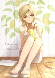 Rule 34 | 1girl, bare arms, bare shoulders, blonde hair, blue eyes, character name, closed mouth, collarbone, colored pencil, cup, dress, drink, drinking glass, drinking straw, full body, hair between eyes, hair over shoulder, highres, holding, holding cup, holding drinking glass, kingdom hearts, lemonade, long hair, looking at viewer, mike (mike-neko-chip), namine, paper, pencil, sandals, signature, sitting, smile, solo, star (symbol), white dress, white footwear, wooden floor