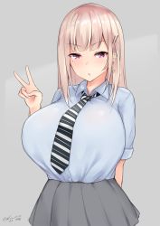 Rule 34 | 1girl, 2018, blonde hair, blush, borrowed character, breasts, bursting breasts, collared shirt, dated, dress shirt, earrings, facing viewer, grey background, gyaru, heart, heart earrings, highres, huge breasts, jewelry, kogal, kuavera, long hair, looking at viewer, mole, mole under mouth, nakamura misaki, necktie, parted lips, pink eyes, pleated skirt, shirt, simple background, skirt, upper body, v