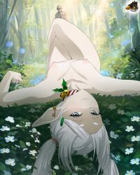 Rule 34 | 1boy, 1girl, breasts, choker, christmas, completely nude, crossed legs, earrings, exoticbat, flower, frieren, green eyes, himmel (sousou no frieren), jewelry, knees up, looking at viewer, lying, neck bell, nude, on back, outdoors, pointy ears, small breasts, smirk, solo, sousou no frieren, statue, tagme, twintails, white hair