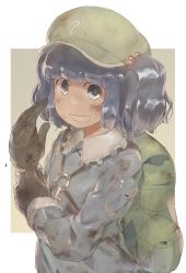 Rule 34 | backpack, bag, blue eyes, blue hair, blush, brown gloves, gloves, green hat, hair bobbles, hair ornament, hat, highres, kawashiro nitori, long sleeves, looking at viewer, monosenbei, parted lips, short hair, short twintails, sketch, smile, solo, teeth, touhou, twintails, two side up, upper body