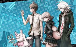 Rule 34 | 1girl, 2boys, ahoge, animal bag, artist name, black jacket, black pants, bow, breast pocket, brown eyes, brown hair, cat bag, closed mouth, danganronpa (series), danganronpa 2: goodbye despair, ear bow, enju1938, green jacket, grey hair, hinata hajime, holding, holding staff, hood, hood down, jacket, komaeda nagito, layered skirt, long sleeves, multiple boys, nanami chiaki, open clothes, open jacket, pants, pink bag, pink bow, pocket, print shirt, profile, shirt, short hair, short sleeves, skirt, smile, staff, standing, usami (danganronpa), white shirt, wings