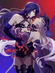 Rule 34 | 2girls, absurdres, acheron (honkai: star rail), bare shoulders, black choker, black gloves, black swan (honkai: star rail), blood, boots, breasts, choker, detached sleeves, dotted background, gloves, grabbing from behind, hand on another&#039;s head, head on another&#039;s stomach, highres, honkai: star rail, honkai (series), kuron xi, long hair, multiple girls, open mouth, pantyhose, pink hair, profile, purple eyes, purple hair, purple veil, single detached sleeve, thigh boots, two-tone background, yuri