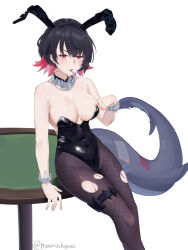 Rule 34 | 1girl, \||/, absurdres, animal ears, arm at side, artist name, bare shoulders, black hair, black leotard, breasts, candy, cleavage, collarbone, covered navel, ellen joe, fake animal ears, fins, fish tail, fishnet pantyhose, fishnets, food, highleg, highleg leotard, highres, legs together, leotard, lollipop, looking at viewer, mavros, medium breasts, multicolored hair, pantyhose, parted bangs, pink hair, playboy bunny, red eyes, shark, shark tail, sharp teeth, shiny clothes, shiny skin, short hair, simple background, sitting, solo, strapless, strapless leotard, streaked hair, tail, teeth, thigh strap, thighs, torn clothes, torn pantyhose, two-tone hair, v-shaped eyebrows, white background, wrist cuffs, zenless zone zero