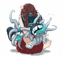 Rule 34 | 1girl, abyssal ship, anger vein, asymmetrical legwear, black sailor collar, black thighhighs, braid, brown hair, commentary request, enemy naval mine (kancolle), from behind, fugu custom, gloves, kantai collection, midriff, noshiro (kancolle), pleated skirt, red skirt, restrained, sailor collar, school uniform, serafuku, shirt, simple background, single thighhigh, skirt, sleeveless, sleeveless shirt, solo, swept bangs, teeth, tentacles, thighhighs, trembling, twin braids, uneven legwear, white background, white gloves