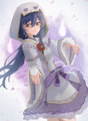 Rule 34 | 1girl, absurdres, alternate hairstyle, artist name, artist request, back bow, blue hair, blush, bow, breasts, dress, female focus, flower, ghost print, hair between eyes, hair ornament, hairclip, highres, hood, hood up, hooded jacket, jacket, long hair, long sleeves, looking at viewer, love live!, love live! school idol festival, love live! school idol festival all stars, love live! school idol project, nail, nail polish, parted lips, purple bow, purple nails, purple ribbon, purple skirt, red flower, ribbon, simple background, skirt, small breasts, smile, solo, sonoda umi, swept bangs, white dress, white jacket, white skirt, x hair ornament, yellow eyes
