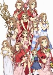 Rule 34 | 1girl, aerith gainsborough, aerith gainsborough (floral delight), aerith gainsborough (loveless dress), aerith gainsborough (red dress), aerith gainsborough (white floral dress), aged down, bangle, bare shoulders, bracelet, bracer, braid, braided ponytail, breasts, brown hair, child, choker, circlet, crisis core final fantasy vii, cropped jacket, crown, dress, dress flower, final fantasy, final fantasy vii, final fantasy vii rebirth, final fantasy vii remake, flamenco dress, flower, flower basket, flower choker, frilled sleeves, frills, green eyes, hair flower, hair ornament, hair ribbon, highres, holding, holding flower, holding staff, ivy60530, jacket, jewelry, long dress, long hair, looking at viewer, multiple necklaces, multiple views, necklace, official alternate costume, open clothes, open jacket, own hands clasped, own hands together, parted bangs, pinafore dress, pink dress, pink ribbon, pink shirt, pink top, princess rosa costume, red dress, red flower, red jacket, red sarong, ribbon, ringlets, rose, sarong, shirt, short sleeves, sidelocks, simple background, skirt, sleeveless, sleeveless dress, smile, staff, star (symbol), star necklace, strapless, strapless dress, striped clothes, striped dress, tri drills, wavy hair, white background, white dress, yellow flower, yellow rose