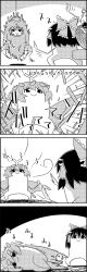 Rule 34 | 4koma, basket, bow, butterfly wings, clenched hands, comic, commentary request, emphasis lines, eternity larva, fighting stance, floating, from behind, greyscale, hair between eyes, hair bow, hair ribbon, hair tubes, hakurei reimu, highres, insect wings, leaf, leaf on head, lying, medicine melancholy, mini person, minigirl, monochrome, on side, ribbon, shaded face, short hair, smile, sweatdrop, tani takeshi, touhou, translation request, trembling, wings, yarn, yarn ball, yukkuri shiteitte ne