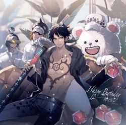 Rule 34 | :d, bear, bepo, black hair, chest tattoo, coat, facial hair, happy birthday, hat, unworn hat, unworn headwear, heart (organ), highres, holding, holding sword, holding weapon, linch, male focus, multiple boys, one piece, open clothes, open coat, open mouth, penguin (one piece), polar bear, shachi (one piece), sheath, sheathed, smile, sunglasses, sword, tattoo, trafalgar law, weapon, yellow eyes