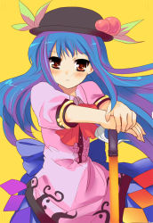 Rule 34 | 1girl, blue hair, blush, female focus, food, fruit, hat, hinanawi tenshi, leaf, peach, red eyes, shige, simple background, solo, standing, sword, sword of hisou, touhou, weapon
