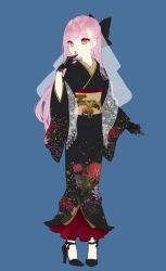 Rule 34 | 1girl, absurdres, adapted costume, alternate costume, black bow, black gloves, black kimono, blue background, bow, chiyomaru (yumichiyo0606), d&#039;orsay heels, egasumi, eyelashes, floral print, full body, gloves, hair bow, hand to own mouth, hand to own mouth, high heels, highres, hololive, hololive english, japanese clothes, kimono, lips, lipstick, long hair, looking to the side, makeup, mori calliope, obi, red eyes, sash, shawl, simple background, solo, strappy heels, veil, very long hair, virtual youtuber