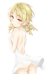 Rule 34 | 1girl, absurdres, ass, bare back, bare shoulders, blonde hair, blush, commentary request, dress, from behind, gusuta, halterneck, hands on own chest, head tilt, highres, idolmaster, idolmaster cinderella girls, idolmaster cinderella girls starlight stage, light blush, looking at viewer, looking back, medium hair, morikubo nono, no panties, shoulder blades, smile, solo, standing, sundress, thighs, twisted neck, white background, white dress, wind, wind lift, yellow eyes