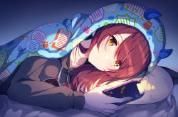 Rule 34 | 1girl, blanket, blush, breasts, brown hair, cellphone, commentary request, demon horns, hair between eyes, head rest, holding, holding phone, hood, hoodie, horns, idolmaster, idolmaster shiny colors, kagami (galgamesion), long hair, looking at phone, looking at viewer, lying, medium breasts, hugging object, on bed, on pillow, on side, osaki tenka, patterned, phone, pillow, pillow hug, screen light, smartphone, smartphone case, solo, under covers, yellow eyes