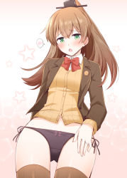 Rule 34 | 1girl, :o, blush, bow, bowtie, breasts, brown hair, brown thighhighs, cardigan, cowboy shot, green eyes, hair ornament, jewelry, kantai collection, kumano (kancolle), long hair, looking at viewer, medium breasts, no pants, panties, pink background, ponytail, purple panties, remodel (kantai collection), ring, rui shi (rayze ray), school uniform, simple background, solo, thighhighs, underwear, wedding band