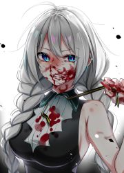 Rule 34 | 1girl, ahoge, bare arms, bare shoulders, black dress, blood, blood on clothes, blood on face, blood on hands, blue eyes, braid, breasts, clenched teeth, commentary request, dress, ear piercing, glint, gradient background, highres, holding, kizuna akari, large breasts, long hair, looking at viewer, open mouth, piercing, silver hair, sleeveless, sleeveless dress, solo, teeth, twin braids, upper body, very long hair, voiceroid, white background, yodare (3yami8)