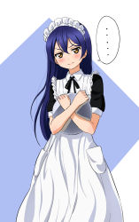 Rule 34 | 1girl, annoyed, apron, blue hair, commentary request, cowboy shot, frills, frown, hair between eyes, highres, holding, holding plate, long hair, looking at viewer, love live!, love live! school idol festival, love live! school idol project, maid, maid apron, maid headdress, omaehadareda-uso, plate, short sleeves, simple background, solo, sonoda umi, speech bubble, v-shaped eyebrows, yellow eyes