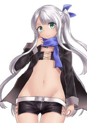 Rule 34 | 1girl, black jacket, black shorts, blue ribbon, blue scarf, blush, closed mouth, cowboy shot, eyebrows, flat chest, green eyes, groin, hair ribbon, head tilt, highres, jacket, long hair, long sleeves, looking at viewer, navel, neit ni sei, open clothes, open jacket, original, ribbon, scarf, short shorts, shorts, sidelocks, silver hair, simple background, sleeves rolled up, smile, solo, standing, stomach, thigh gap, very long hair, white background, zipper