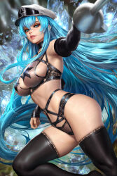 Rule 34 | 1girl, akame ga kill!, black collar, black sleeves, black thighhighs, blue eyes, blue hair, blurry, blurry background, bra, breasts, collar, commentary, detached sleeves, english commentary, esdeath, hair between eyes, hat, holding, holding sword, holding weapon, ice, large breasts, long hair, long sleeves, looking at viewer, military hat, mixed-language commentary, neoartcore, o-ring, o-ring bottom, o-ring panties, paid reward available, panties, parted lips, pasties, peaked cap, rapier, see-through, see-through bra, see-through panties, solo, star pasties, sword, thai commentary, thighhighs, thighs, two-tone headwear, underwear, very long hair, weapon, white hat