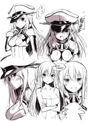 Rule 34 | 10s, 1girl, anchor, bare shoulders, bismarck (kancolle), blush, breasts, cleavage, collarbone, german text, hat, unworn hat, unworn headwear, highres, kantai collection, long hair, md5 mismatch, medium breasts, monochrome, ohta yuichi, open mouth, personification, resized, resolution mismatch, source larger, translated
