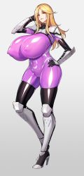 Rule 34 | 1girl, arm behind head, bad id, bad pixiv id, blonde hair, bodysuit, breasts, cleavage, covered erect nipples, elise (xu guoqing), full body, gigantic breasts, grey background, hand on own hip, high heels, highres, huge breasts, impossible clothes, simple background, skin tight, skindentation, solo, standing, taimanin (series)