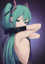 Rule 34 | 1girl, aqua eyes, aqua hair, back, back focus, backless dress, backless outfit, breasts, dress, from side, hatsune miku, highres, holding, holding hair, long hair, looking at viewer, raimeso235, sideboob, solo, twintails, very long hair, vocaloid