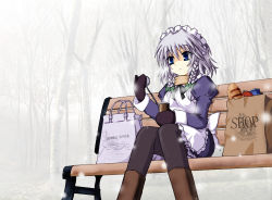 Rule 34 | 1girl, bag, bench, blue eyes, boots, braid, bread, can, chair, clock, contemporary, female focus, food, forest, gloves, groceries, izayoi sakuya, lili2th, maid, maid headdress, mittens, nature, pantyhose, pocket watch, short hair, silver hair, snow, solo, tomato, touhou, twin braids, watch
