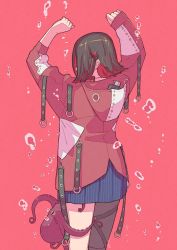 Rule 34 | 1girl, asymmetrical legwear, belt, black thighhighs, blue skirt, brown hair, bubble, covered face, hair ornament, hairclip, hand up, highres, jacket, ligne claire, long sleeves, medium hair, mismatched legwear, nail polish, norikoi, octopus, original, pink background, pink jacket, pink nails, pleated skirt, puffy long sleeves, puffy sleeves, skirt, standing, striped, thighhighs