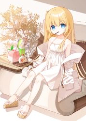 Rule 34 | 1girl, bare shoulders, blonde hair, blue eyes, brown footwear, collarbone, dress, flower girl (yuuhagi (amaretto-no-natsu)), food, food in mouth, hair between eyes, jacket, long hair, long sleeves, looking at viewer, off shoulder, open clothes, open jacket, original, pocky, sandals, sitting, sleeveless, sleeveless dress, sleeves past fingers, sleeves past wrists, solo, very long hair, white dress, white jacket, yuuhagi (amaretto-no-natsu)