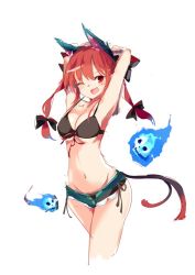 Rule 34 | 1girl, alternate costume, animal ears, armpits, arms behind head, bikini, black bikini, black bra, blue fire, bow, bra, breasts, cat ears, cat tail, denim, denim shorts, fang, fire, floating skull, hair between eyes, hair bow, hip focus, kaenbyou rin, looking at viewer, medium breasts, multiple tails, navel, one eye closed, red eyes, red hair, ribbon, short shorts, shorts, simple background, sketch, slit pupils, solo, swimsuit, tail, tetsurou (fe+), thighs, touhou, twintails, two tails, underwear, white background