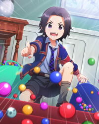 Rule 34 | 1boy, bad source, black hair, buttons, child, collared shirt, idolmaster, idolmaster side-m, long sleeves, male focus, marble (toy), necktie, official art, okamura nao, open mouth, purple eyes, shirt, teeth, third-party source