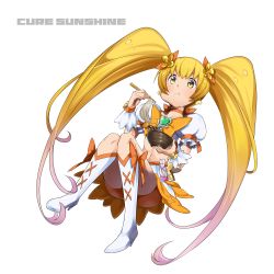 Rule 34 | 10s, 1girl, bike shorts, bike shorts under skirt, blonde hair, boots, brooch, character name, choker, cure sunshine, earrings, eating, english text, full body, gradient hair, hair ornament, heart, heart brooch, heartcatch precure!, high heel boots, high heels, jewelry, knee boots, kneehighs, long hair, magical girl, midriff, multicolored hair, myoudouin itsuki, navel, orange shorts, precure, puffy sleeves, ribbon, rjewelry, shirt, shorts, shorts under skirt, simple background, skirt, socks, solo, twintails, very long hair, white background, white footwear, wrist cuffs, yellow eyes, yellow skirt, yuuzii