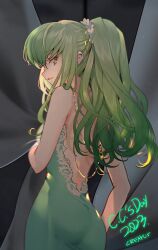 Rule 34 | 1girl, ass, breasts, c.c., cleavage, code geass, creayus, dress, green dress, green hair, hairband, highres, long hair, looking at viewer, medium breasts, night, night sky, open mouth, sky, solo, star (sky), watermark, window, yellow eyes
