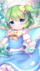 Rule 34 | 1girl, blue eyes, blue skirt, blue vest, blush, closed mouth, coa (chroo x), daiyousei, fairy, fairy wings, frilled skirt, frills, green hair, highres, long hair, looking at viewer, puffy short sleeves, puffy sleeves, shirt, short sleeves, side ponytail, skirt, smile, solo, touhou, vest, white shirt, wings, wrist cuffs