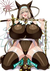 Rule 34 | 1girl, bare shoulders, between breasts, black thighhighs, blonde hair, blue eyes, blush, bombergirl, boots, breasts, castlevania (series), cat tail, curvy, dot nose, full body, garter straps, half-closed eyes, hat, head tilt, highres, holding, holding weapon, holding whip, huge breasts, jewelry, kneeling, komusou (jinrikisha), konami, leotard, long hair, nun, open mouth, sepia belmont, shiny clothes, shiny skin, skin tight, skindentation, smile, solo focus, spikes, tail, thick thighs, thighhighs, thighs, weapon, whip, white background, wide hips