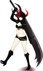 Rule 34 | 10s, 1girl, absurdres, belt, bikini, bikini top only, black bikini, black gold saw, black hair, black rock shooter, blunt bangs, boots, demon girl, front-tie top, full body, glowing, glowing eyes, highres, horns, huge weapon, king saw, knee boots, lang (chikage36), midriff, navel, red eyes, short shorts, shorts, simple background, solo, standing, swimsuit, sword, weapon