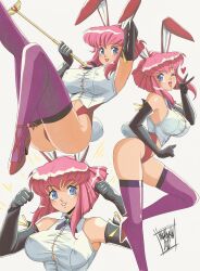 Rule 34 | 1girl, absurdres, animal ears, ass, black gloves, blue eyes, breasts, collared shirt, danmakuman, elbow gloves, fake animal ears, fake tail, gloves, heart, high heels, highres, large breasts, magical girl, misty may, nontraditional playboy bunny, one eye closed, otaku no video, pink hair, purple thighhighs, rabbit ears, rabbit tail, red footwear, shirt, short hair, sleeveless, sleeveless shirt, tail, thighhighs, white shirt