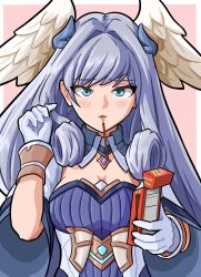 Rule 34 | 1girl, blush, breasts, cleavage, food, food in mouth, gloves, highres, i llius, long hair, looking at viewer, medium breasts, melia antiqua, pocky, pocky in mouth, solo, swept bangs, very long hair, white gloves, wings, xenoblade chronicles (series), xenoblade chronicles 3