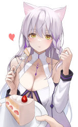 Rule 34 | 1girl, 1other, absurdres, animal ear fluff, animal ears, bad id, bad pixiv id, bare shoulders, blush, braid, breasts, cake, cat ears, character request, cleavage, closed mouth, collarbone, commentary, copyright request, food, fork, fruit, hair between eyes, hands up, heart, highres, holding, holding fork, holding plate, large breasts, long hair, long sleeves, looking at viewer, plate, pout, simple background, solo focus, strawberry, upper body, virtual youtuber, white background, yellow eyes, zuu 1730