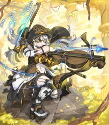 Rule 34 | 1girl, bare shoulders, black hair, bow (music), bow (weapon), commentary request, crossbow, elbow gloves, energy arrow, expressionless, gauntlets, gloves, highres, hood, instrument, long hair, midriff, mix (candlmix), multicolored hair, navel, original, petals, platform footwear, single gauntlet, streaked hair, thighhighs, two-tone hair, violin, weapon, white hair, yellow eyes