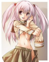 Rule 34 | 1girl, :d, alric, arm out of sleeve, border, breasts, brown skirt, cleavage, female focus, gradient background, hair between eyes, highres, long hair, long sleeves, looking away, looking to the side, midriff, navel, no panties, open mouth, original, outside border, outstretched arm, pink eyes, pink hair, pleated skirt, school uniform, serafuku, skirt, small breasts, smile, solo, twintails, two side up, undressing, white border