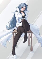 Rule 34 | 1girl, ahoge, arms behind back, azur lane, black choker, black gloves, black pantyhose, black shirt, blush, breasts, chkalov (azur lane), choker, cleavage, coat, collarbone, collared shirt, commentary request, feet, full body, gloves, grey hair, high-waist skirt, highres, id card, knee up, large breasts, legs, long hair, long sleeves, looking at viewer, mole, mole under eye, no shoes, orange eyes, pantyhose, parted bangs, parted lips, pencil skirt, popped collar, ropi (yyuichi29), shadow, shirt, shoe dangle, shoes, sidelocks, single shoe, sitting, skirt, solo, stool, striped clothes, striped shirt, toes, white coat, white footwear