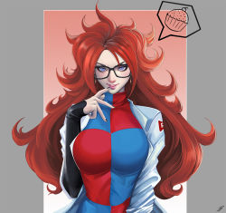 Rule 34 | 1girl, android 21, black-framed eyewear, black nails, black sleeves, blue dress, blue eyes, border, breasts, checkered clothes, checkered dress, cupcake, curly hair, dragon ball, dragon ball fighterz, dress, earrings, finger to mouth, food, glasses, grey border, hoop earrings, jewelry, kofjp, lab coat, large breasts, lips, long hair, looking at viewer, nail polish, nose, outside border, pink background, red dress, red hair, signature, solo, speech bubble, turtleneck, turtleneck dress, two-tone dress, upper body